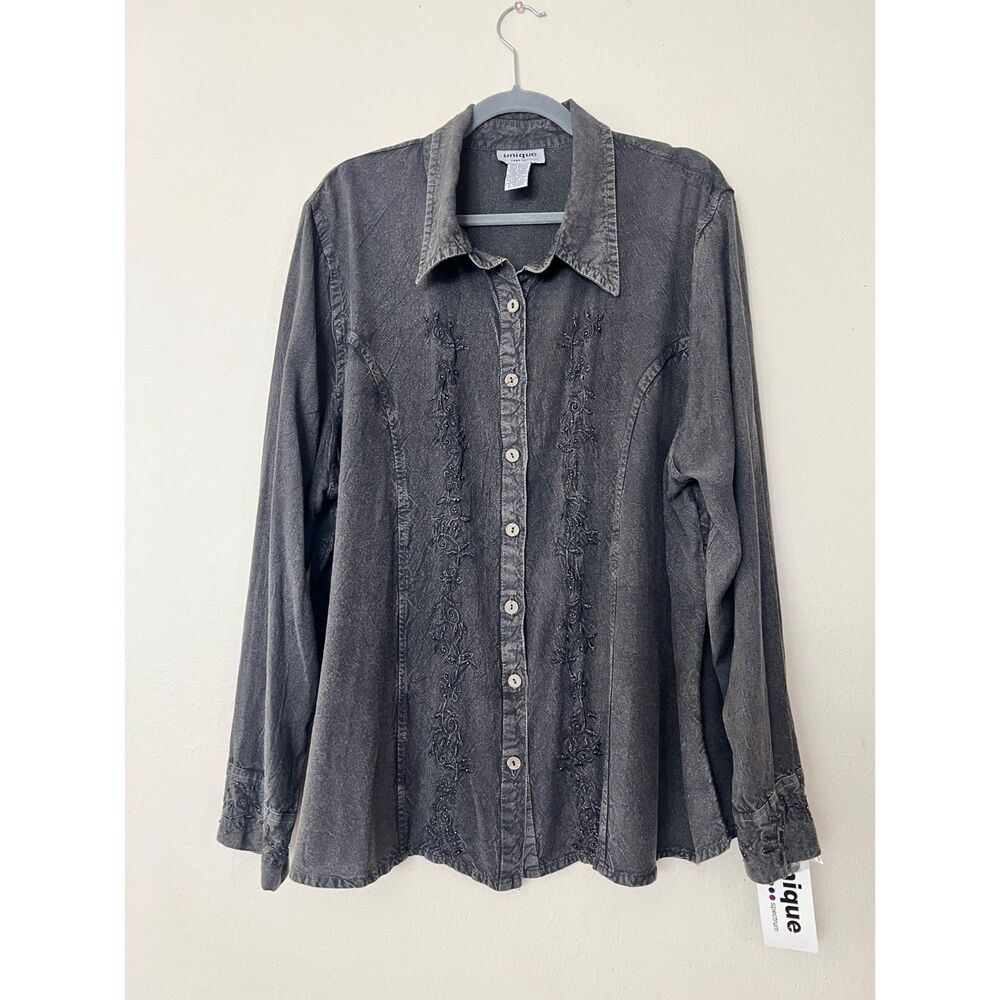 NWT Unique Spectrum Gray 100% Rayon Seed Bead Embroidery Button Down Shirt Sz 3X